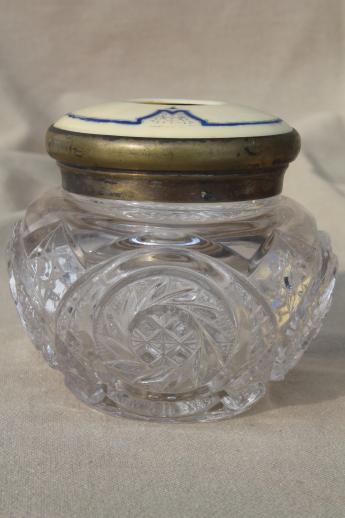 photo of antique vanity table jars - celluloid powder box, brilliant glass enamel hair receiver #4