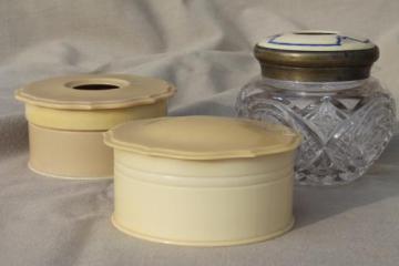 catalog photo of antique vanity table jars - celluloid powder box, brilliant glass enamel hair receiver