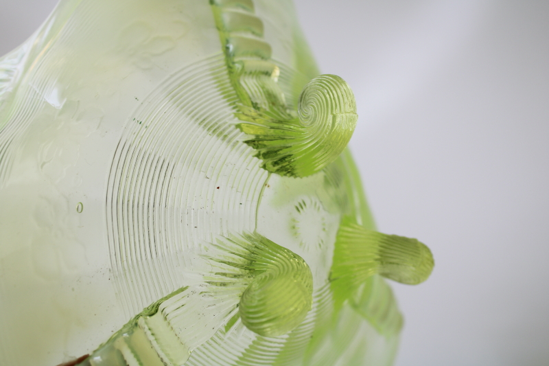 photo of antique vaseline opalescent uranium glow glass candy dish, Northwood Klondike three toed bowl #3