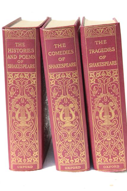 photo of antique vintage 1912 Oxford University Press Shakespeare in three volumes, red cloth gold covers #1