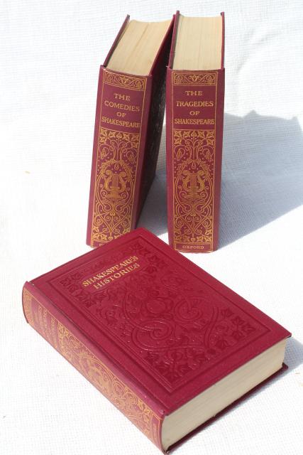 photo of antique vintage 1912 Oxford University Press Shakespeare in three volumes, red cloth gold covers #2