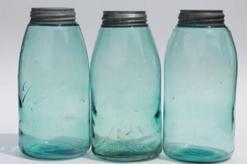 catalog photo of antique vintage 2 quart blue glass Ball mason jars, 3 fruit jar kitchen canisters