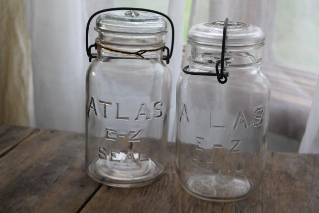 photo of antique vintage Atlas E-Z jars glass quart size canning jars w/ bail lids #1