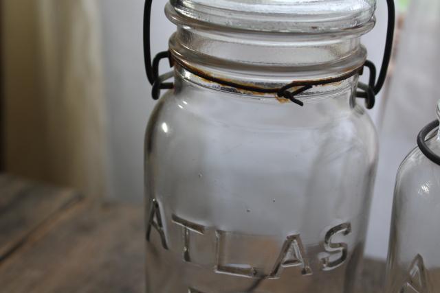 photo of antique vintage Atlas E-Z jars glass quart size canning jars w/ bail lids #2