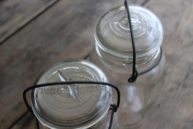 photo of antique vintage Atlas E-Z jars glass quart size canning jars w/ bail lids #6