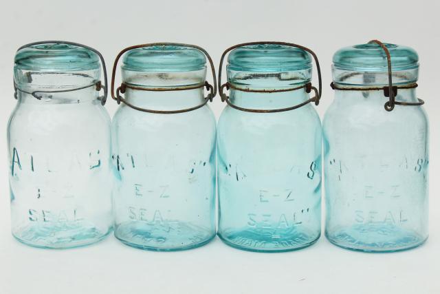 photo of antique vintage Atlas glass canning jars, wire bail lid blue glass jars #1