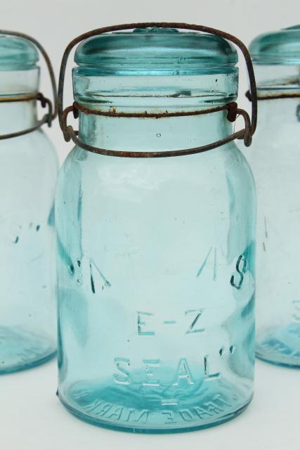 photo of antique vintage Atlas glass canning jars, wire bail lid blue glass jars #2