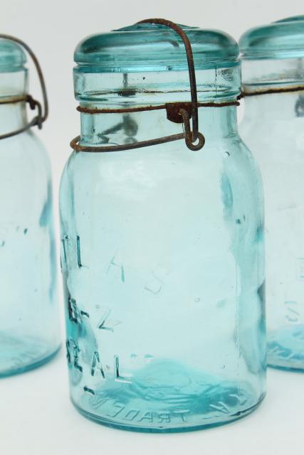 photo of antique vintage Atlas glass canning jars, wire bail lid blue glass jars #3