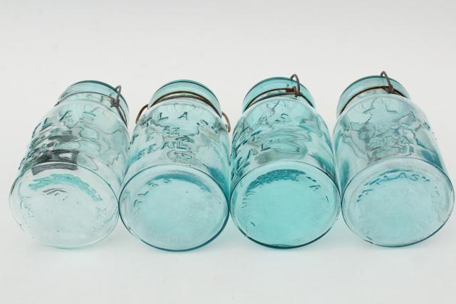 photo of antique vintage Atlas glass canning jars, wire bail lid blue glass jars #7