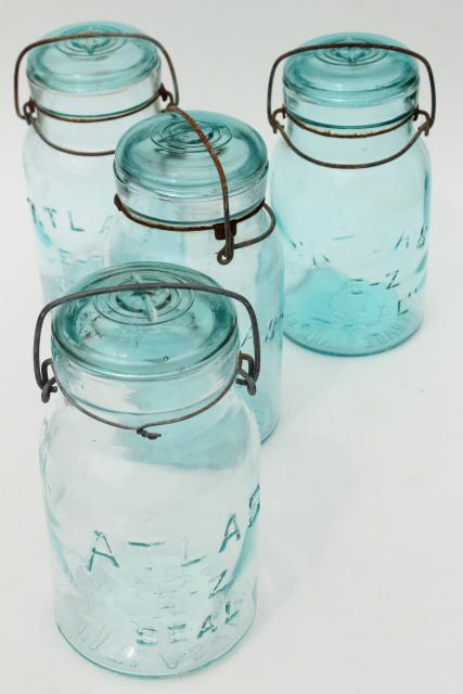 photo of antique vintage Atlas glass canning jars, wire bail lid blue glass jars #8