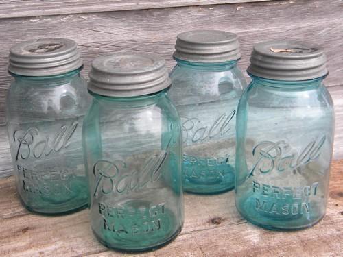 photo of antique vintage Ball Perfect Mason blue glass fruit jars, 1 quart size #1