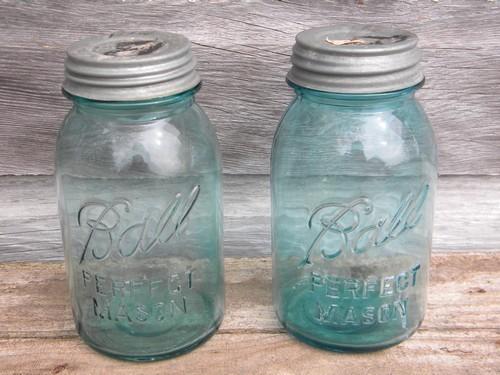 photo of antique vintage Ball Perfect Mason blue glass fruit jars, 1 quart size #2