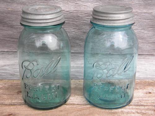 photo of antique vintage Ball Perfect Mason blue glass fruit jars, 1 quart size #3