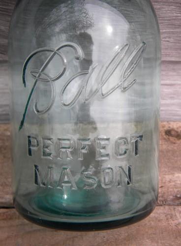 photo of antique vintage Ball Perfect Mason blue glass fruit jars, 1 quart size #4