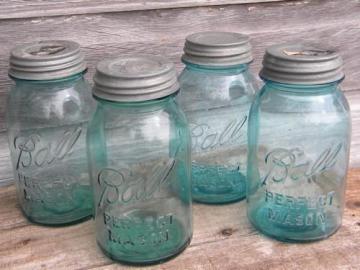 catalog photo of antique vintage Ball Perfect Mason blue glass fruit jars, 1 quart size
