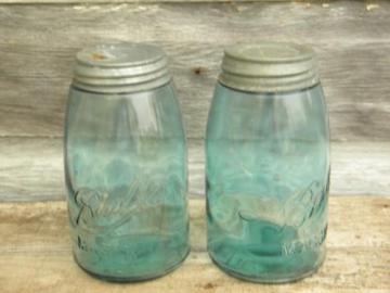 catalog photo of antique vintage Ball sloped shoulder blue fruit jars w/wrinkled glass