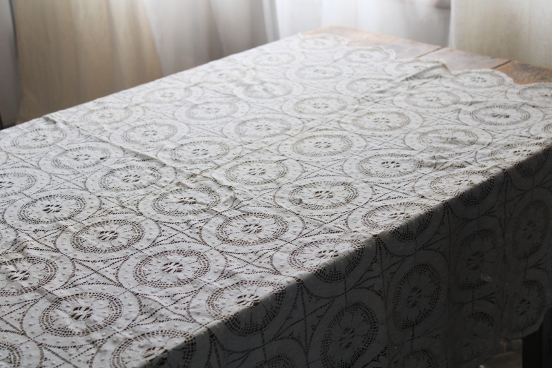 photo of antique vintage Cluny lace tablecloth, square parlor table cover ivory cotton lace #2