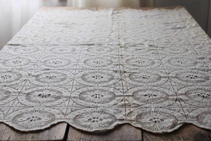 photo of antique vintage Cluny lace tablecloth, square parlor table cover ivory cotton lace #3