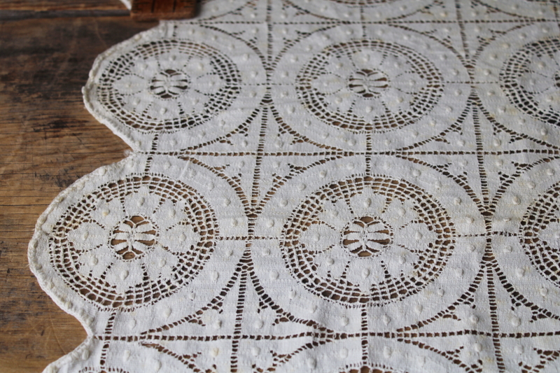 photo of antique vintage Cluny lace tablecloth, square parlor table cover ivory cotton lace #6