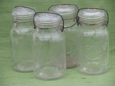 photo of antique vintage Drey mason canning jars, glass lightning lids w/ wire bails #1