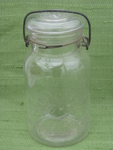 photo of antique vintage Drey mason canning jars, glass lightning lids w/ wire bails #2