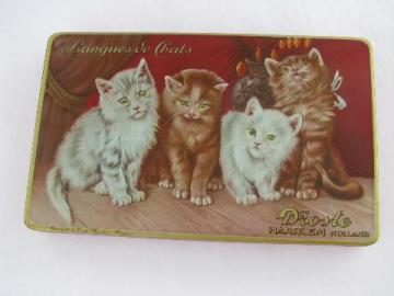 catalog photo of antique vintage Droste cocoa Dutch chocolate candy box, litho tin w/ cats