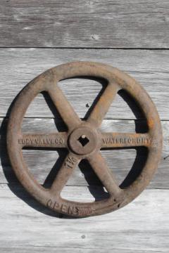 catalog photo of antique vintage Eddy fire hydrant valve handle, large industrial cast iron hand wheel