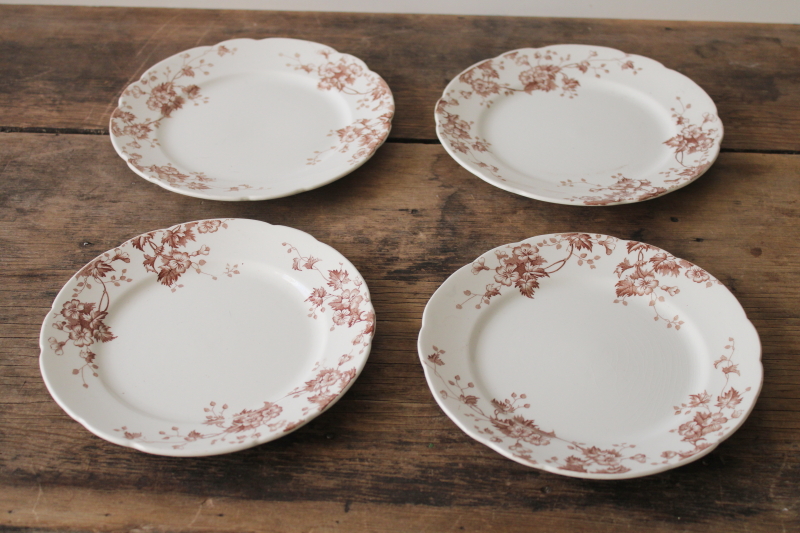 photo of antique vintage English ironstone china plates, Severn brown floral transferware #1