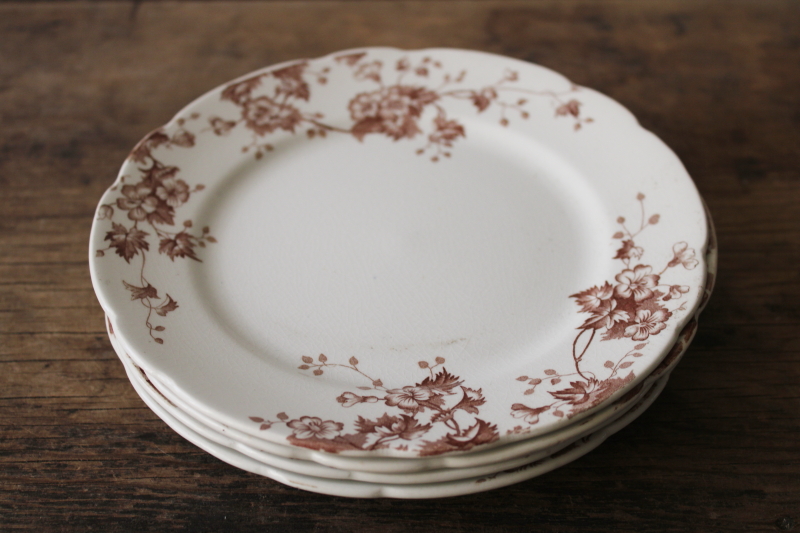 photo of antique vintage English ironstone china plates, Severn brown floral transferware #5