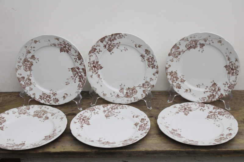 photo of antique vintage English ironstone china plates, Severn brown floral transferware #1