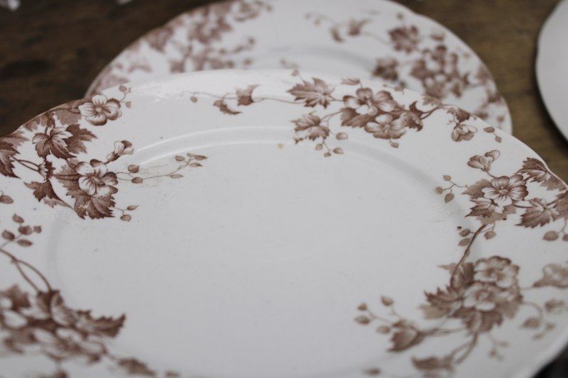 photo of antique vintage English ironstone china plates, Severn brown floral transferware #6