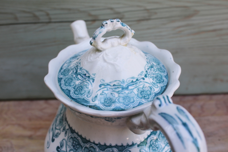 photo of antique vintage English ironstone teapot, Glenwood floral aqua blue green transferware china #2