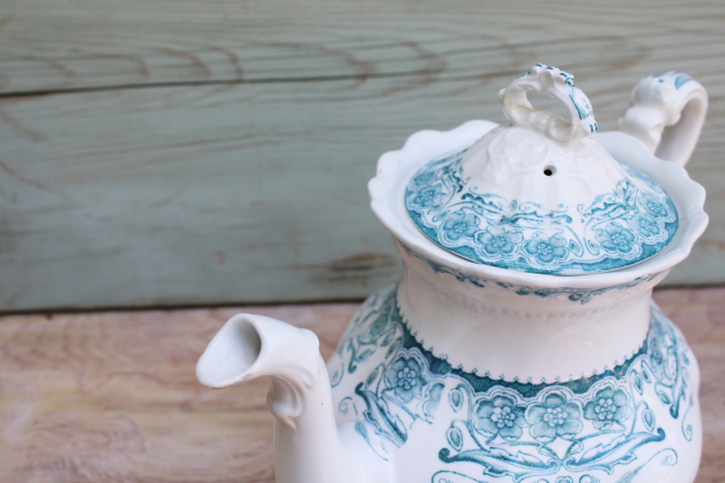 photo of antique vintage English ironstone teapot, Glenwood floral aqua blue green transferware china #3