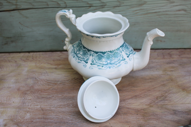 photo of antique vintage English ironstone teapot, Glenwood floral aqua blue green transferware china #7