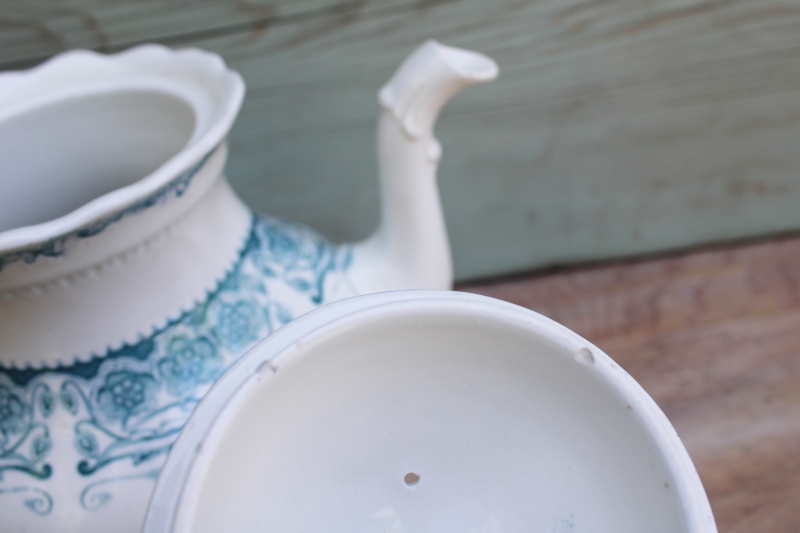 photo of antique vintage English ironstone teapot, Glenwood floral aqua blue green transferware china #9