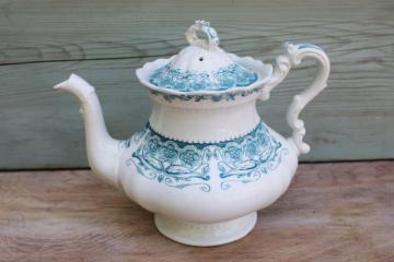 catalog photo of antique vintage English ironstone teapot, Glenwood floral aqua blue green transferware china