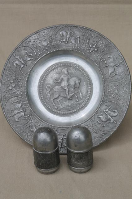 photo of antique vintage European pewter charger plate & shakers w/ historical figures #1