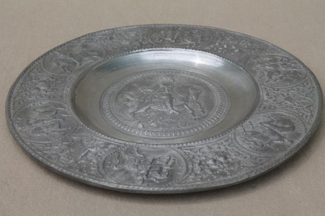 photo of antique vintage European pewter charger plate & shakers w/ historical figures #5