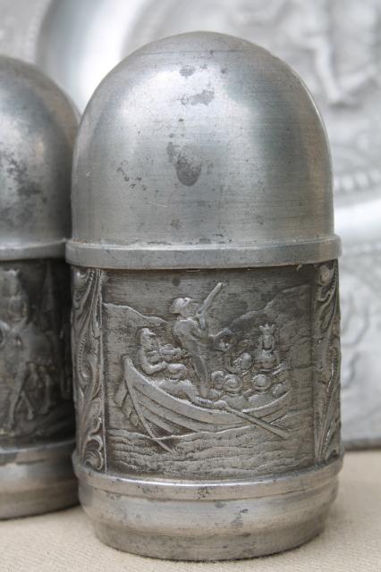 photo of antique vintage European pewter charger plate & shakers w/ historical figures #10