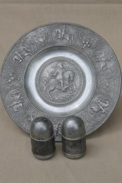 catalog photo of antique vintage European pewter charger plate & shakers w/ historical figures