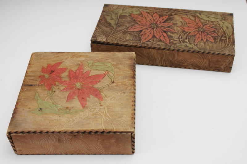 photo of antique vintage Flemish art pyrography wood burned Christmas boxes, red & green poinsettias hanky & gloves box  #1
