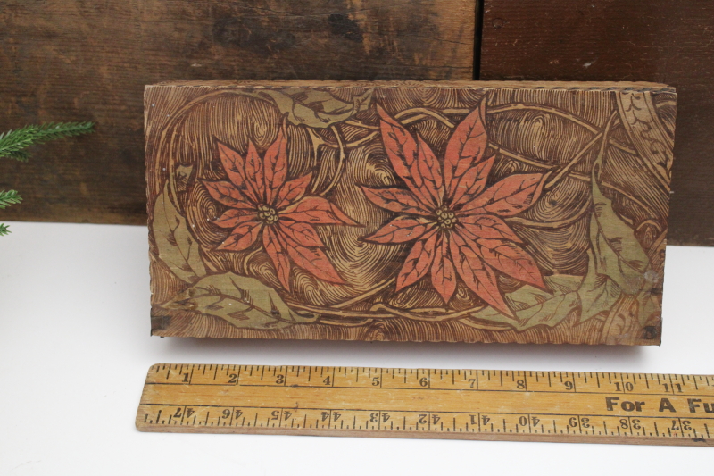 photo of antique vintage Flemish art pyrography wood burned Christmas boxes, red & green poinsettias hanky & gloves box  #3
