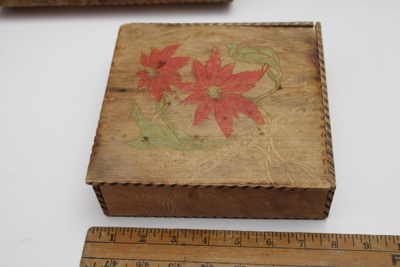 photo of antique vintage Flemish art pyrography wood burned Christmas boxes, red & green poinsettias hanky & gloves box  #4