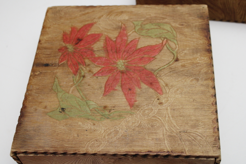 photo of antique vintage Flemish art pyrography wood burned Christmas boxes, red & green poinsettias hanky & gloves box  #5