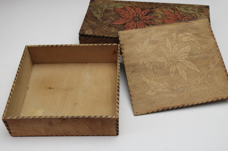 photo of antique vintage Flemish art pyrography wood burned Christmas boxes, red & green poinsettias hanky & gloves box  #6