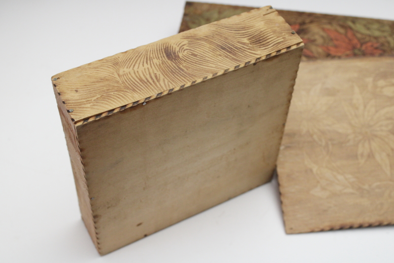 photo of antique vintage Flemish art pyrography wood burned Christmas boxes, red & green poinsettias hanky & gloves box  #7
