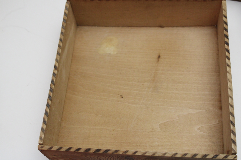 photo of antique vintage Flemish art pyrography wood burned Christmas boxes, red & green poinsettias hanky & gloves box  #8