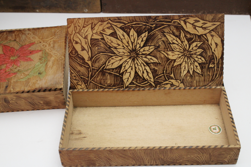 photo of antique vintage Flemish art pyrography wood burned Christmas boxes, red & green poinsettias hanky & gloves box  #9