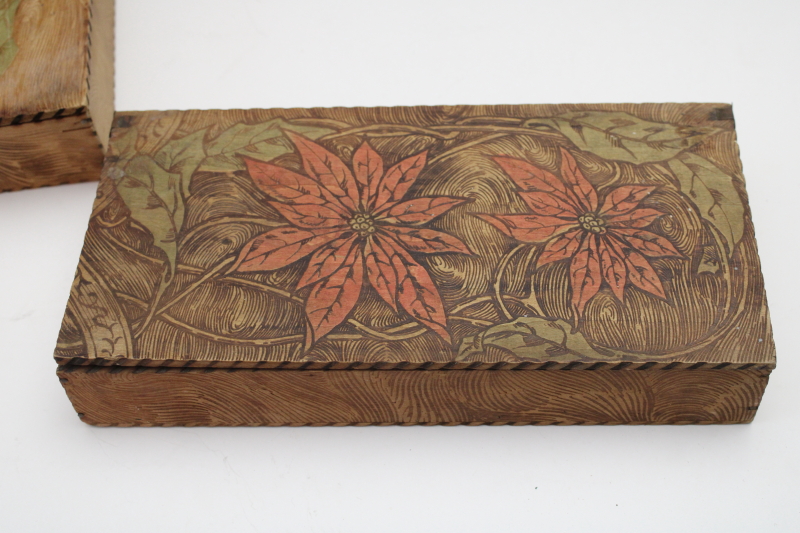 photo of antique vintage Flemish art pyrography wood burned Christmas boxes, red & green poinsettias hanky & gloves box  #12