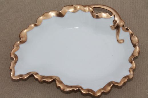 photo of antique vintage French Limoges china leaf shaped plate w/ encrusted gold, PM de M France #1